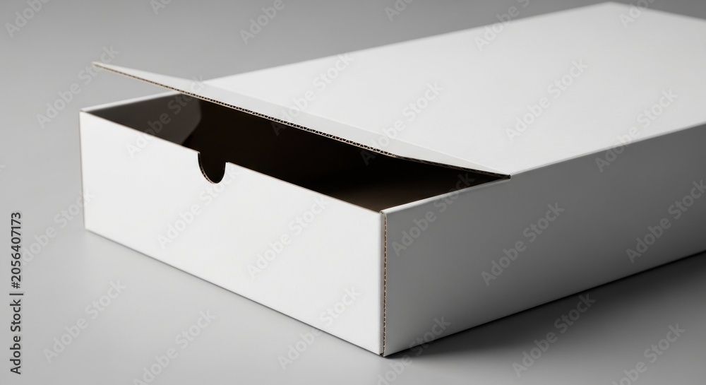 Naklejka premium White rectangular box, partially open lid revealing interior, against gray backdrop