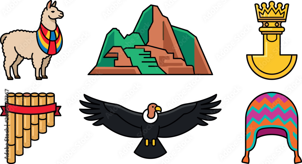 Naklejka premium Peru and Andean Culture Vector Icon Set Featuring Llama Machu Picchu Tumi Condor Panpipes and Chullo Hat for South American Travel Designs