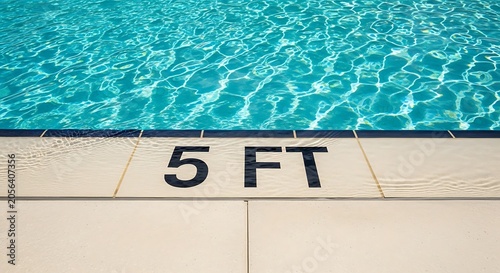 A closeup view of a swimming pool edge with a depth marker indicating 5 feet