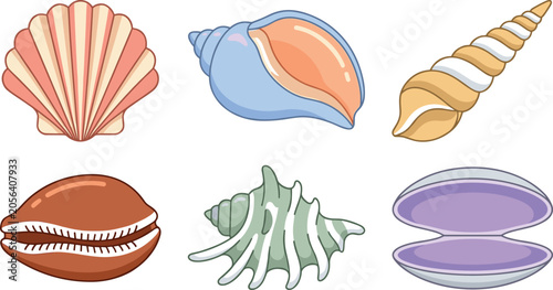 Foto Tropical Sea Shell Vector Icon Set Featuring Scallop Conch Cowrie Murex and Open