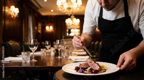 Luxury Private Chef: Culinary professional plating gourmet dish in private dining room
