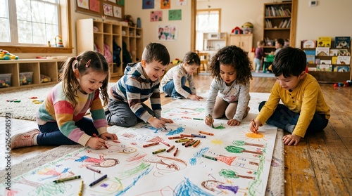 Diverse group of young children happily drawing and coloring together on a large paper roll in a bright classroom setting, fostering creativity and collaboration.