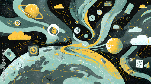 Surreal digital illustration of creative gig economy concept with floating icons, planets, clouds and flowing ribbons conveying remote work, collaboration and digital services