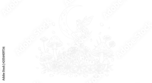Tableau sur toile Whimsical Fairy Sitting on Crescent Moon Above Enchanted Forest with Mushrooms a
