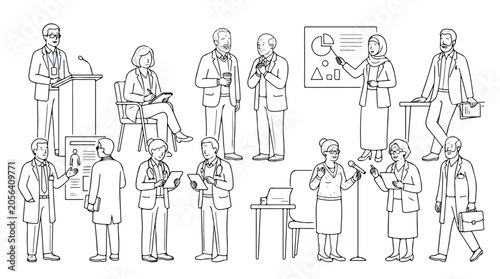 Minimalist line art business people and medical professionals set, diverse corporate characters in office and healthcare settings, vector outline illustrations