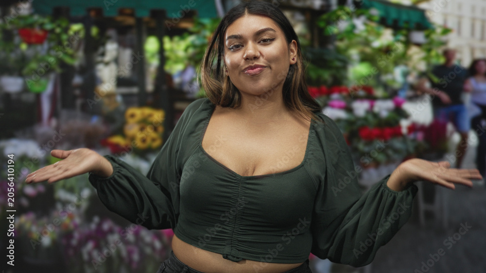 Fototapeta premium Woman shrugs hands, exposed chest at a bustling street flower market while smiling and posing amid bouquets; playful ease.