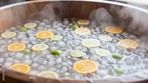 Steaming Wooden Tub with Citrus Slices and Ice Cubes | Refreshing Spa Experience