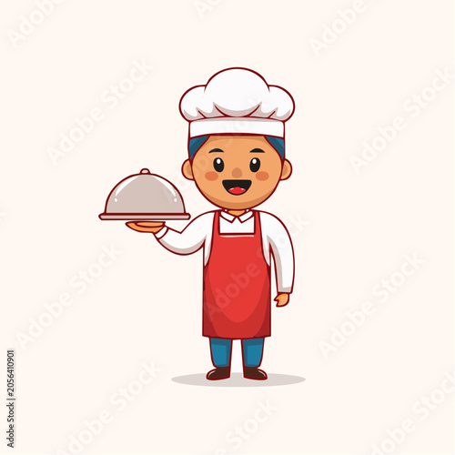 Cartoon Chef Holding Serving Cloche