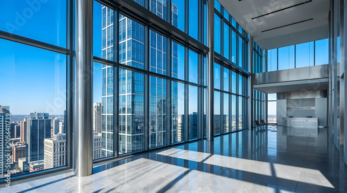 Modern Corporate Office Lobby with High Rise City View