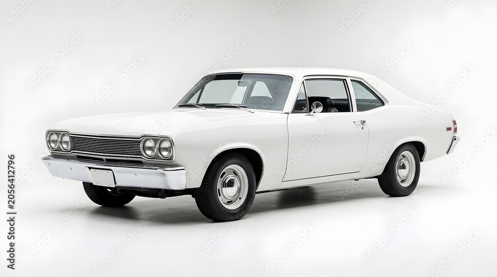 Naklejka premium Modern White American Muscle Sedan - Sleek Four-Door Sports Car Parked in a Bright Studio with Copy Space, Perfect for Automotive Industry, Rental Services, and Fleet Advertising