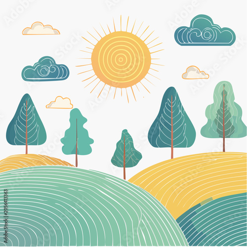 Stylized Landscape with Sun, Clouds, and Trees