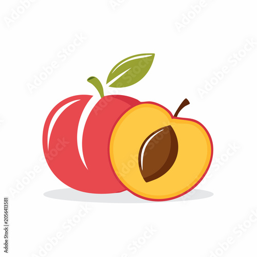 Vector illustration of a whole peach and a halved peach with pit