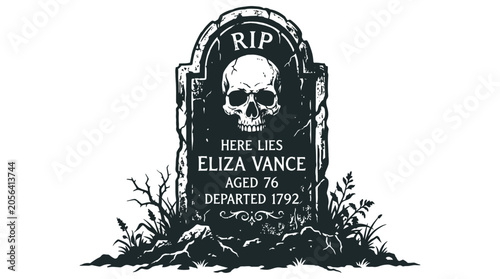 Black tombstone with skull RIP.