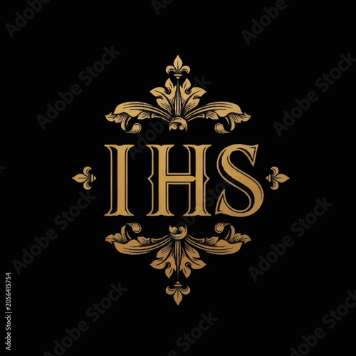 Photos Elegant IHS monogram symbol with ornate gold flourishes on black background