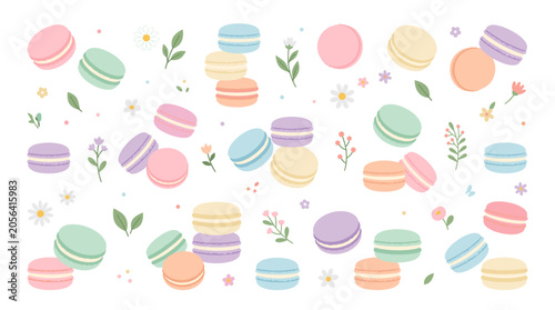 Sweet pastel macarons and delicate flowers scattered across a white background, a delightful and charming pattern