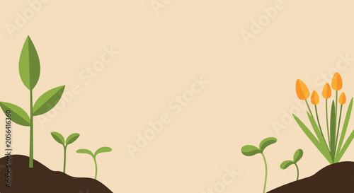 Фотография A simple flat vector illustration of green seedlings and orange tulips sprouting from brown soil patches against a beige background