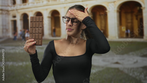 Photos Woman holding chocolate bar in building courtyard with hand to forehead and closed eyes grimace; taste rejection disgust