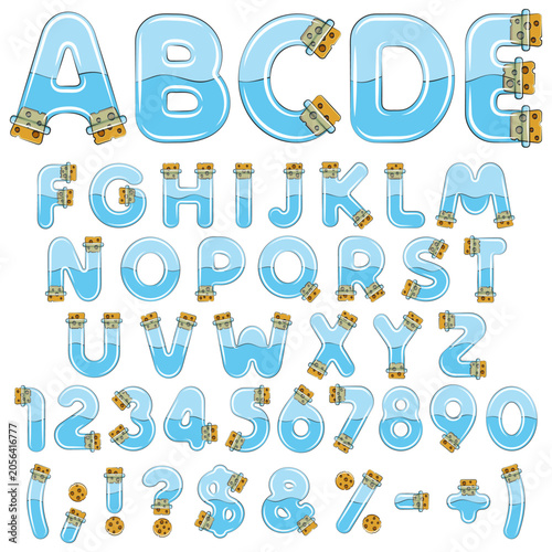 Font, alphabet, from vials, tubes with corks and water. Set of vector colored isolated objects on white.