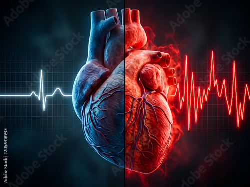Conceptual contrast of a healthy human heart with a normal ECG versus an unhealthy heart with an irregular heartbeat, illustrating cardiovascular health.