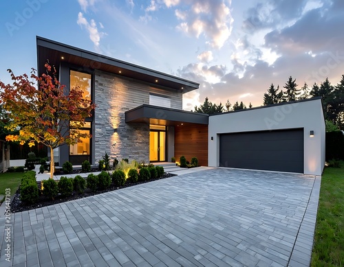 Modern two-story house with gray stone facade and large windows