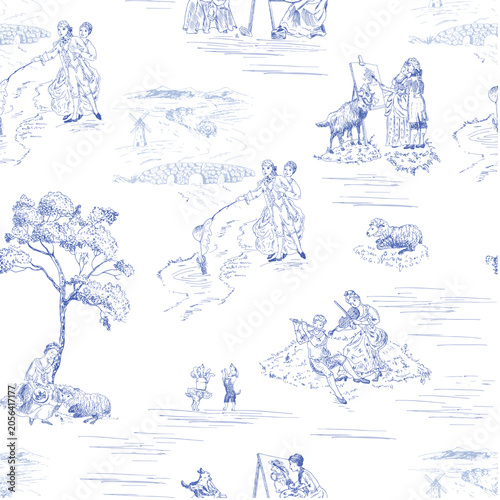 Man hugs a woman, fun goat, sleeping sheep, dancing dogs, a pastoral story, rococo style blue toile de Jouy pattern.