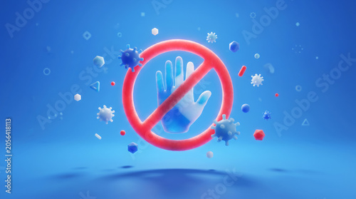 3D red stop sign with raised hand and virus particles on blue background