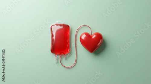 Blood bag connected to a glossy red heart via tube on a green background