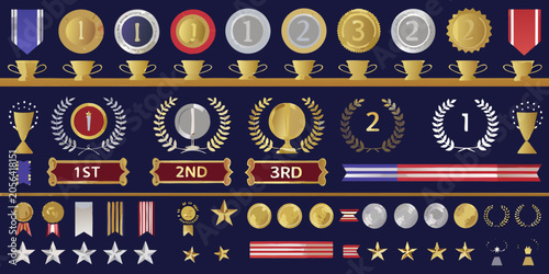 Картината върху платно Gold Silver And Bronze Award Icons With Ribbons And Stars Vector Illustration