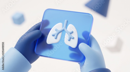 3D rendered hands holding a blue translucent square icon with white lungs.
