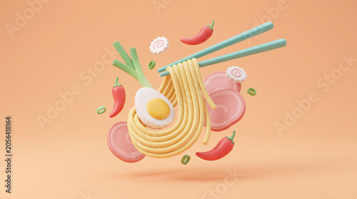 3D floating ramen noodles with chopsticks, egg, and chili on orange background.