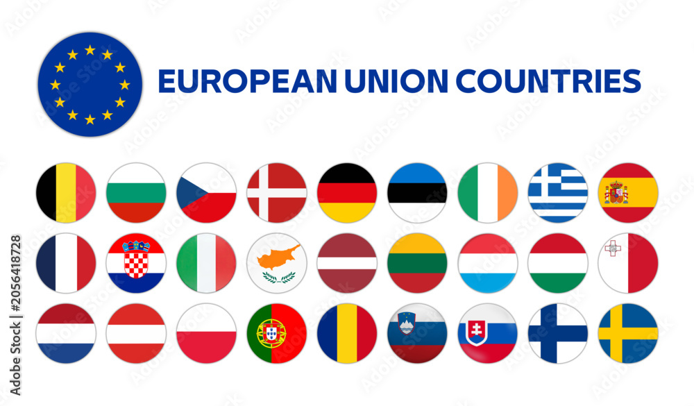 Fototapeta premium European Union countries flags icon set editable SVG vector. All EU member states national flags in round circle buttons isolated on white background.