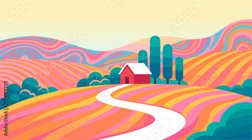 Colorful farm countryside landscape vector