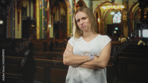 Obraz na płótnie Woman with arms crossed and frowning, showing forearms and wearing a watch, in a church building with pews and stained glass; quiet annoyance