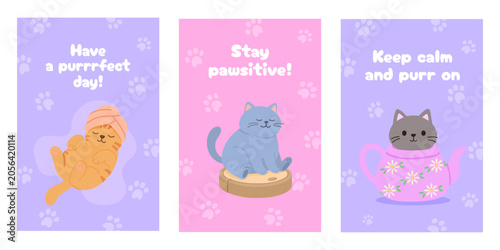 Cute cat poster set with playful sayings and pastel colors. Cat illustrations for nursery decor, kids room art. Cat themed collection