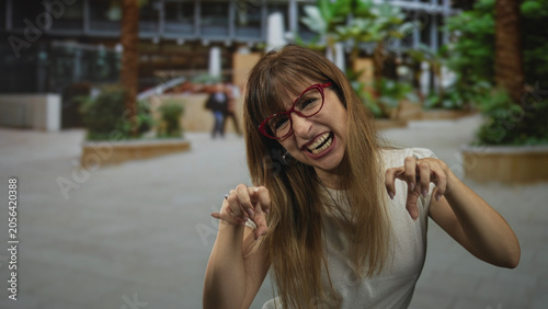 Photos Woman wearing red glasses and white shirt, hands clawing toward camera in building atrium with potted plants and stone planters; playful mischief