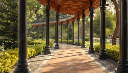 Elegant Covered Walkway with Black Columns and Wooden Roof in a Sunny Park Garden