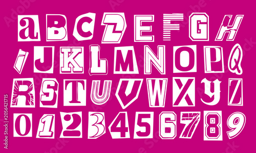 White ransom note alphabet and numbers vector set on pink background, bold cutout typography with mixed letter styles for poster design, zine artwork, collage composition or graphic resource.