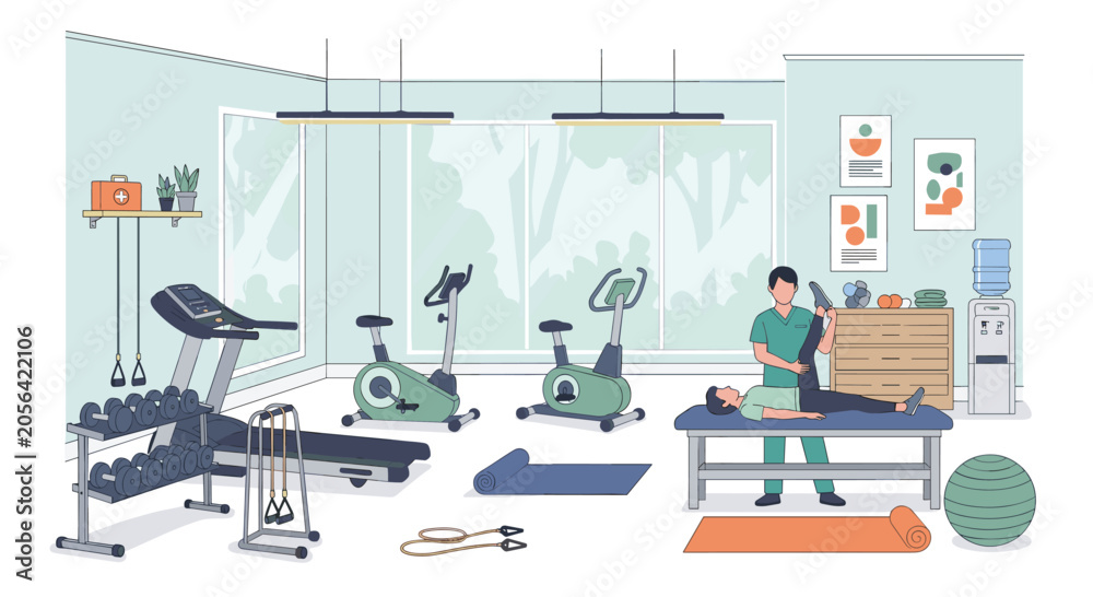 Fototapeta premium Physical therapist assisting patient with leg exercise on massage table in clinic with treadmill and gym equipment.