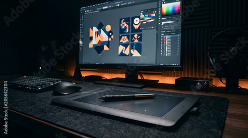 Professional Graphic Design Workstation with Pen Tablet and Monitor