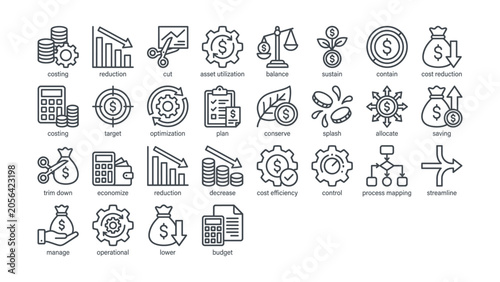 Obraz na płótnie Collection of line icons related to finance and business management concepts