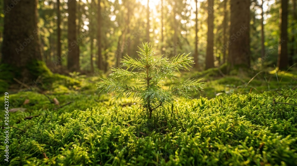 Fototapeta premium Tiny Spruce Seedling in a Mossy Forest Floor with Golden Backlighting
