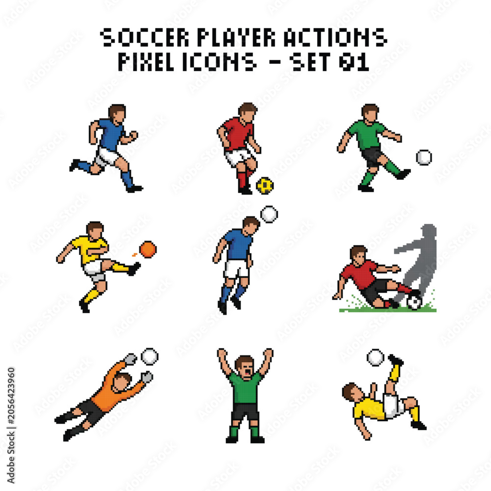Fototapeta premium Pixel Art Soccer Player Action Icon Set 01