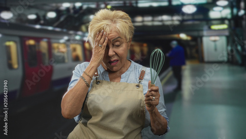 Fotografie Woman in apron holding whisk raises hand to forehead in a transit building, facepalm gesture showing exasperation; frustration memory