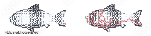 Fish maze illustration in black and red color scheme  