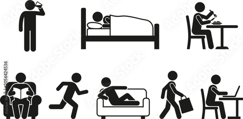 Daily Routine Stick Figure Pictogram Icon Set with People Sleeping Eating Working Exercising and Relaxing Symbols for Lifestyle Graphic Designs