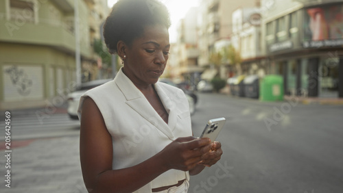 Foto Woman holding smartphone and texting while looking at screen on a street intersection; introspection calm connectivity