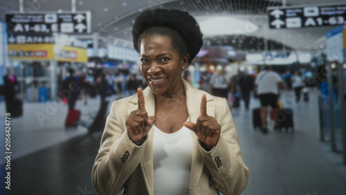 Foto Woman pointing finger at camera and pointing down with other hand in busy airport terminal, smiling in beige coat and white top; assertive invitation