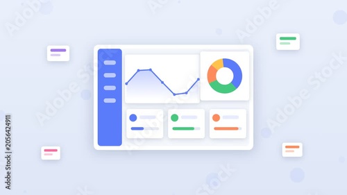 Flat design tablet dashboard with animated charts and metrics