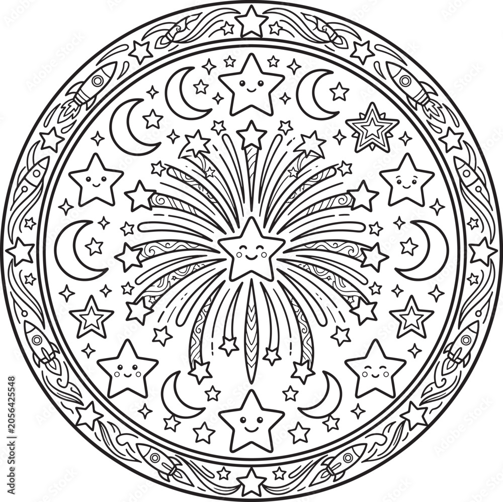 Naklejka premium Beautiful Fireworks and Stars Mandala Circular Pattern Coloring Page