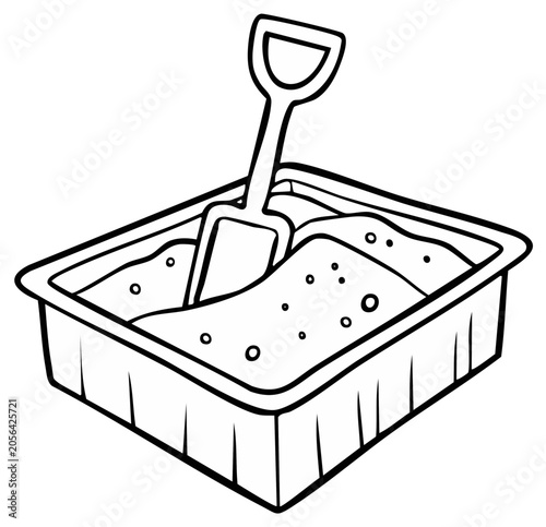 Classic cartoon sandbox with shovel ready for play and creative building adventures